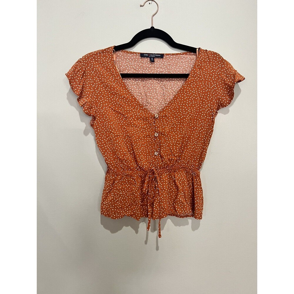 One Clothing Brown with White Polka Dot Peplum Top Size Small